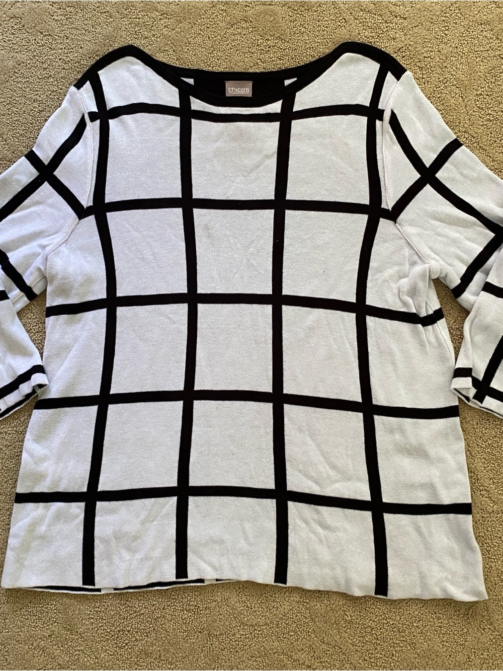 Chico’s Size 2 US Large Black White Windowpane Top 3/4 Sleeve Knitted Sweater